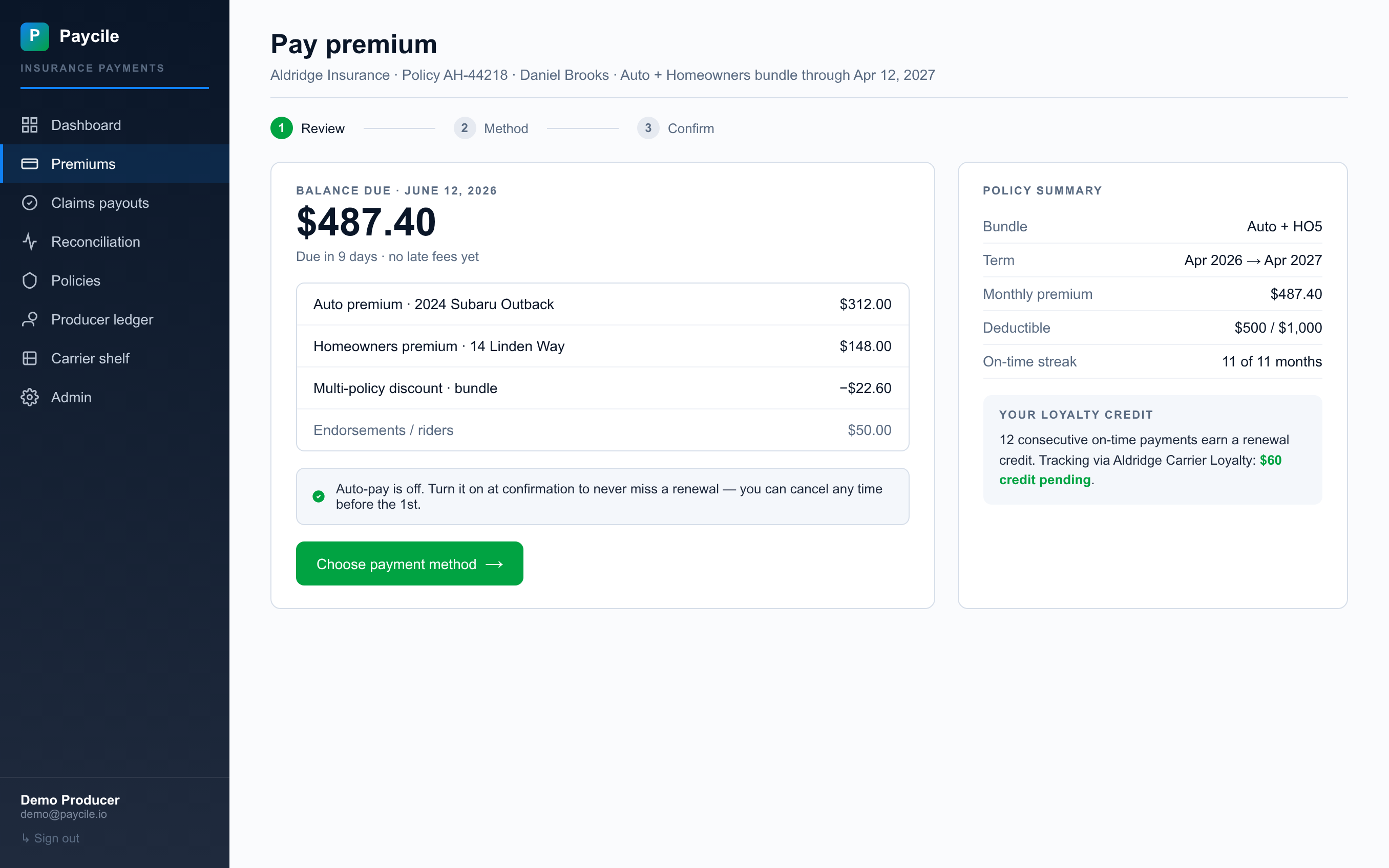 Policyholder payment portal interface